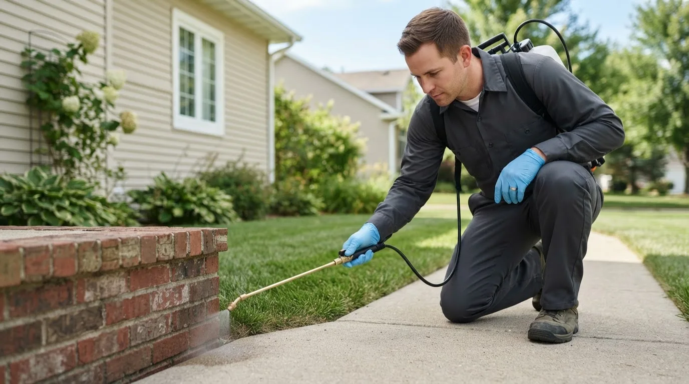 Pest control technician treating a home near De Kalb, TX