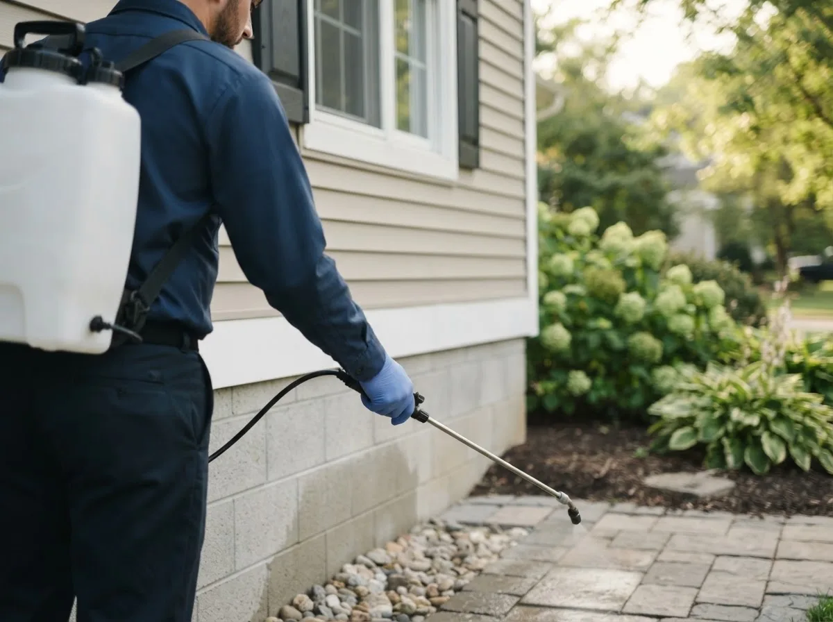 Pest control technician inspecting a home in De Kalb, TX